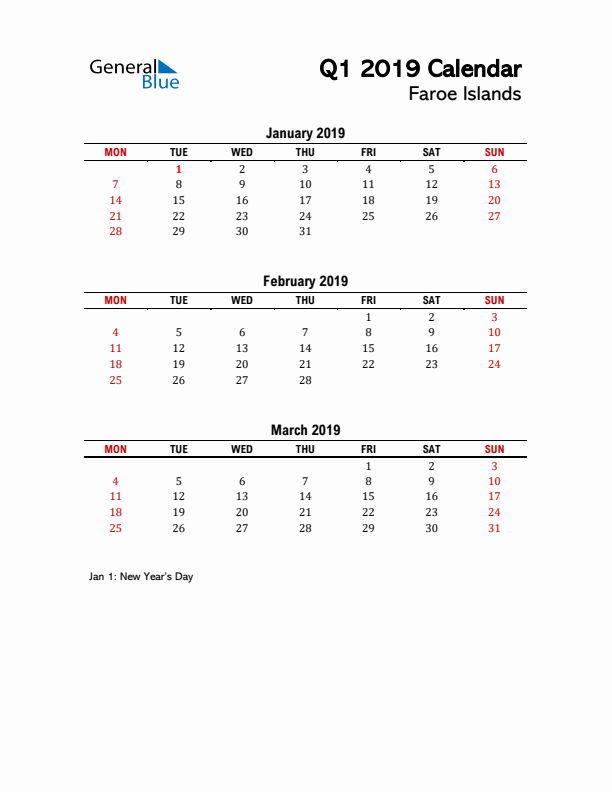 2019 Q1 Calendar with Holidays List for Faroe Islands