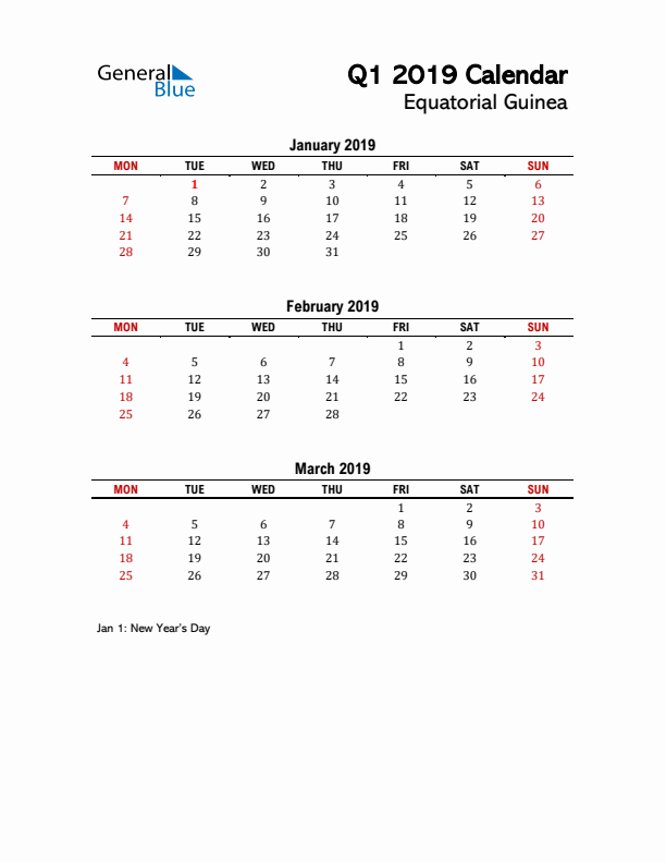 2019 Q1 Calendar with Holidays List for Equatorial Guinea