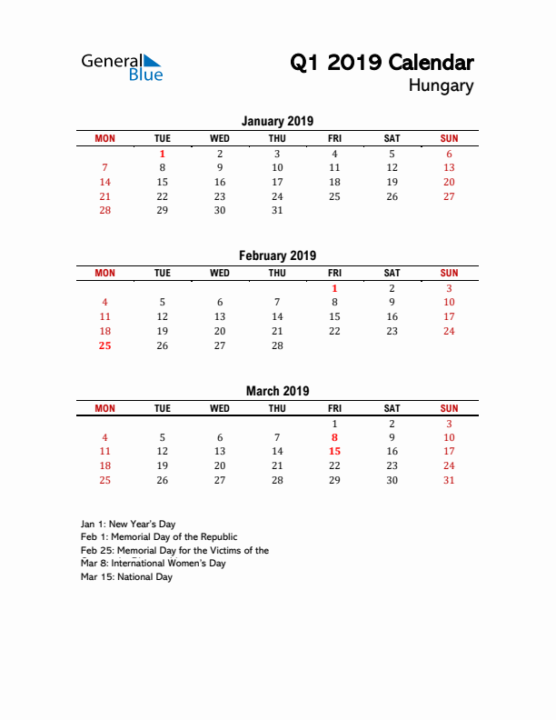 2019 Q1 Calendar with Holidays List for Hungary