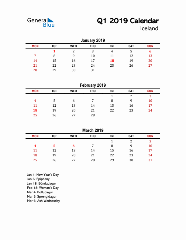 2019 Q1 Calendar with Holidays List for Iceland