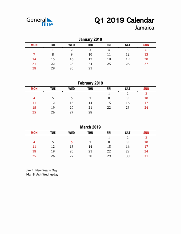 2019 Q1 Calendar with Holidays List for Jamaica