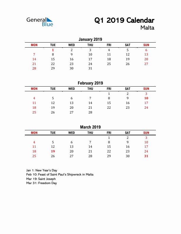 2019 Q1 Calendar with Holidays List for Malta