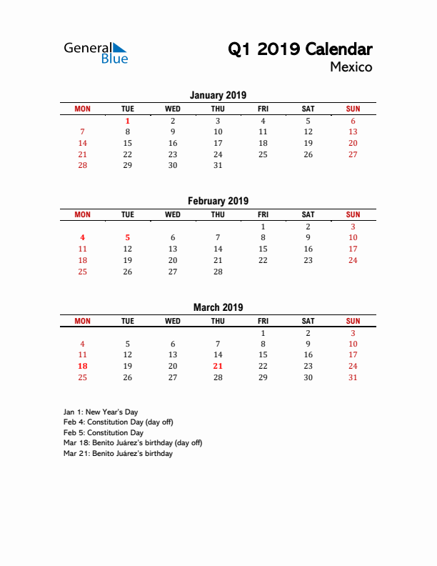 2019 Q1 Calendar with Holidays List for Mexico