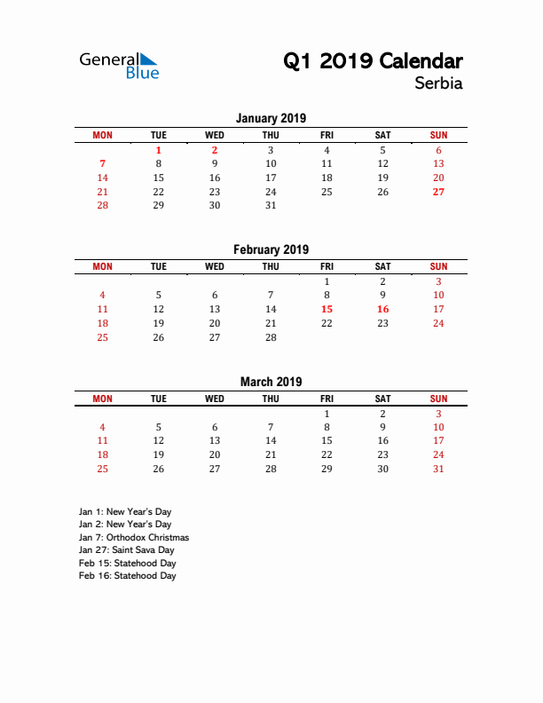 2019 Q1 Calendar with Holidays List for Serbia