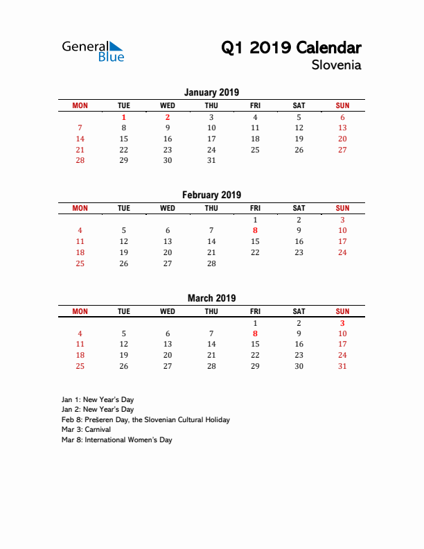 2019 Q1 Calendar with Holidays List for Slovenia