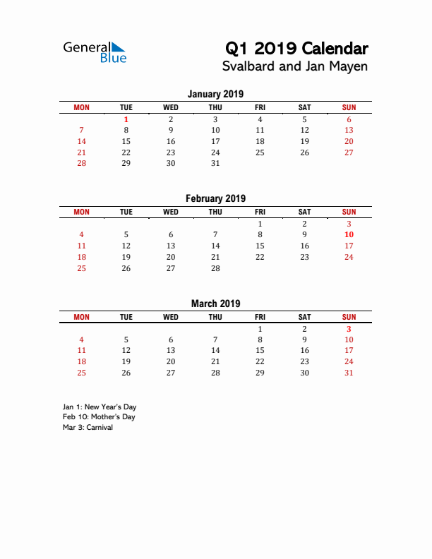 2019 Q1 Calendar with Holidays List for Svalbard and Jan Mayen