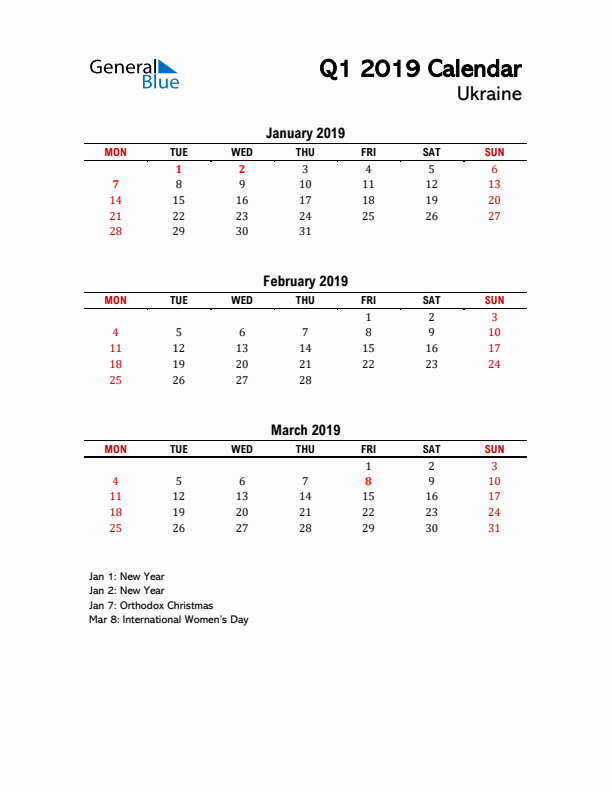 2019 Q1 Calendar with Holidays List for Ukraine