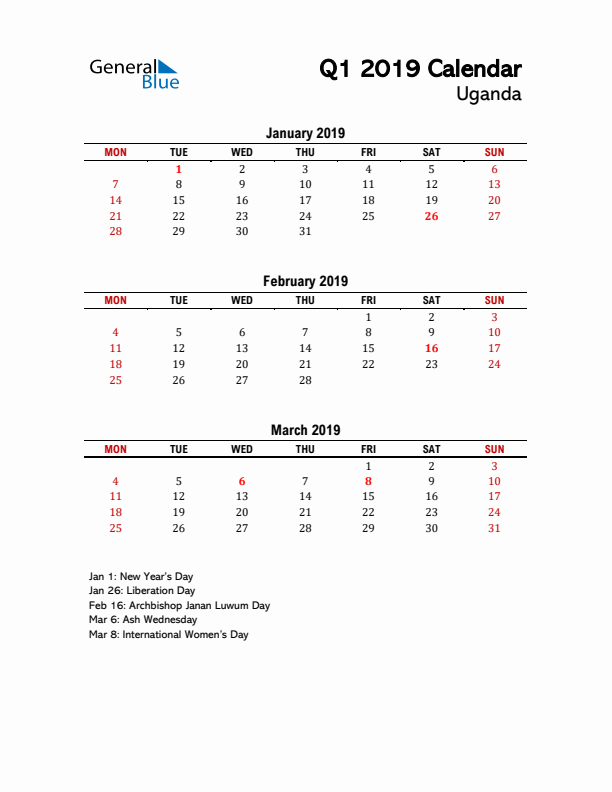 2019 Q1 Calendar with Holidays List for Uganda