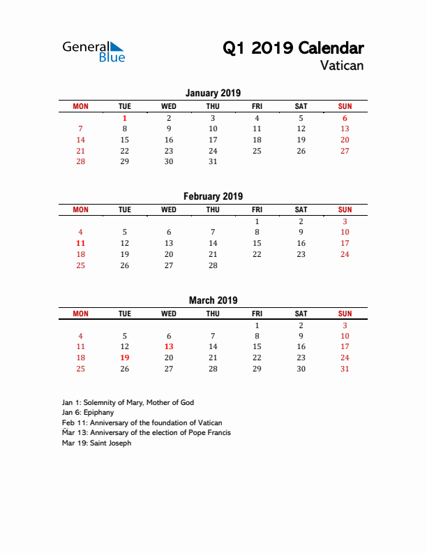 2019 Q1 Calendar with Holidays List for Vatican