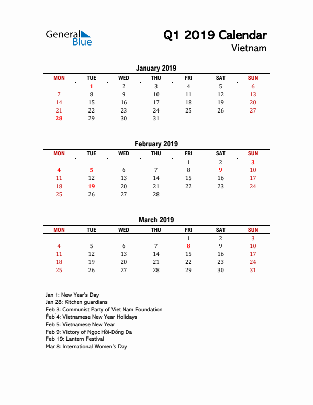 2019 Q1 Calendar with Holidays List for Vietnam