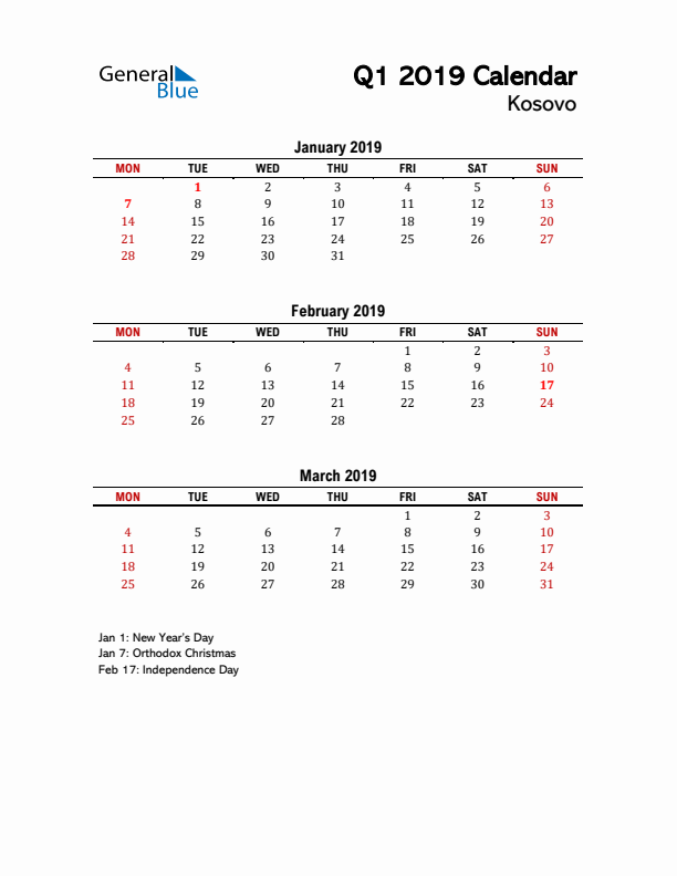 2019 Q1 Calendar with Holidays List for Kosovo