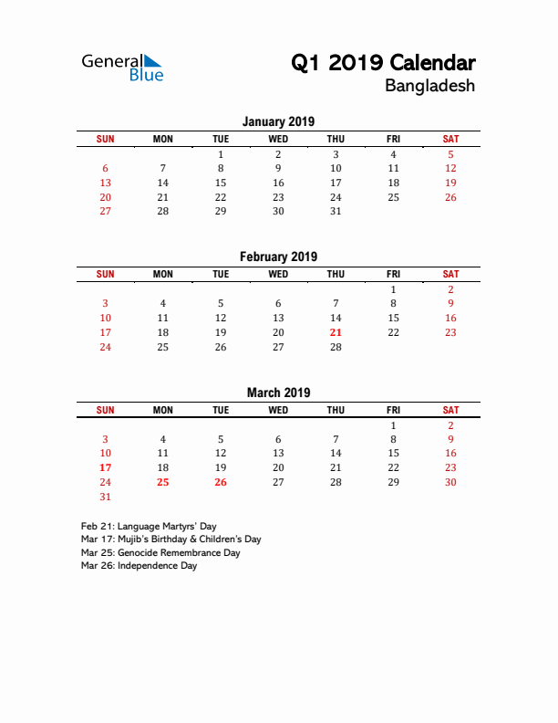 2019 Q1 Calendar with Holidays List for Bangladesh