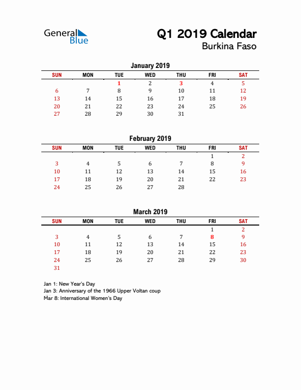 2019 Q1 Calendar with Holidays List for Burkina Faso