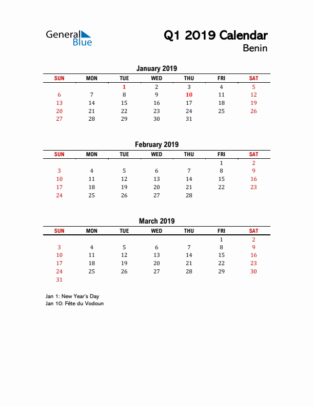 2019 Q1 Calendar with Holidays List for Benin