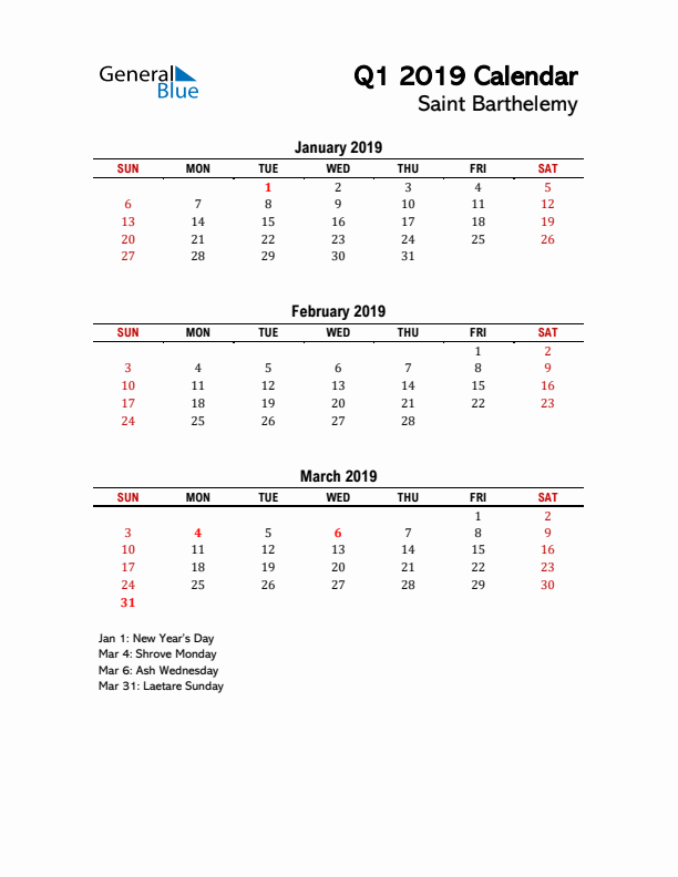 2019 Q1 Calendar with Holidays List for Saint Barthelemy