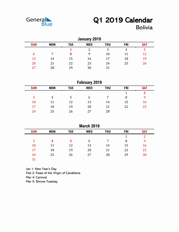 2019 Q1 Calendar with Holidays List for Bolivia