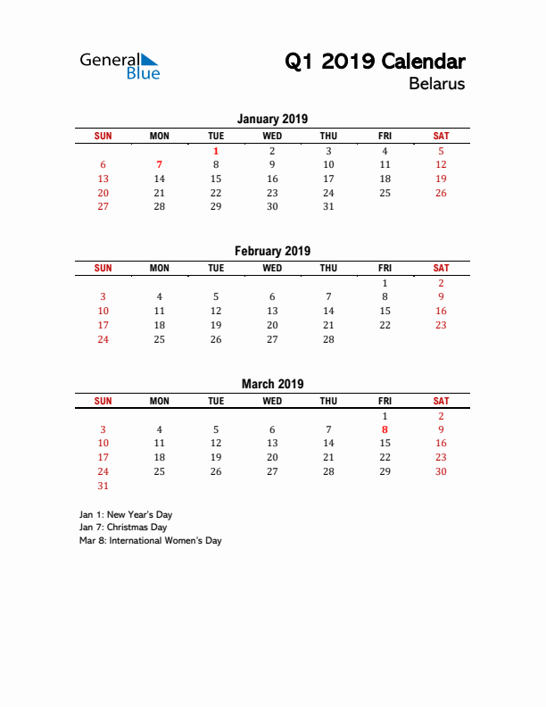 2019 Q1 Calendar with Holidays List for Belarus