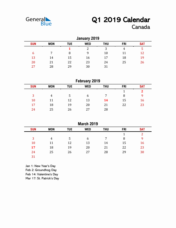 2019 Q1 Calendar with Holidays List for Canada