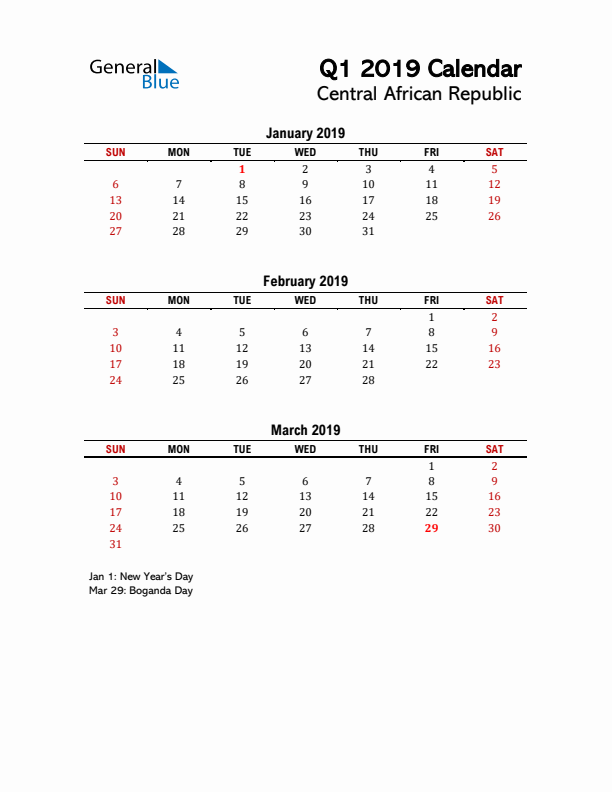 2019 Q1 Calendar with Holidays List for Central African Republic