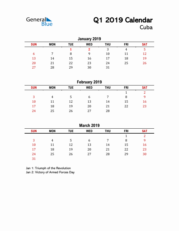 2019 Q1 Calendar with Holidays List for Cuba