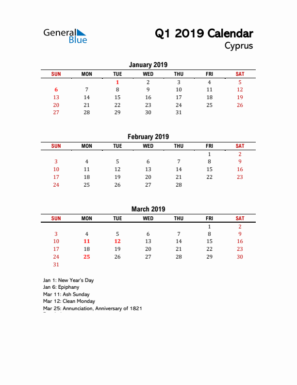 2019 Q1 Calendar with Holidays List for Cyprus