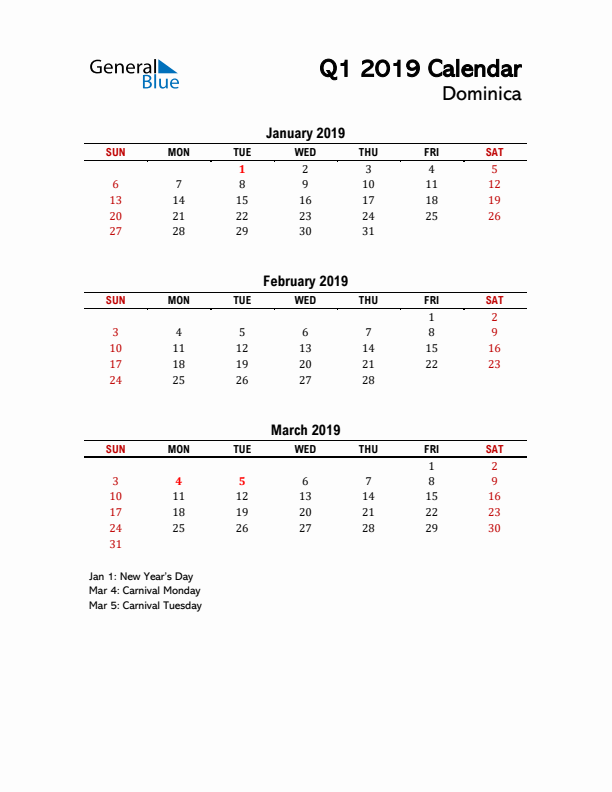 2019 Q1 Calendar with Holidays List for Dominica