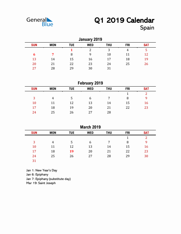 2019 Q1 Calendar with Holidays List for Spain