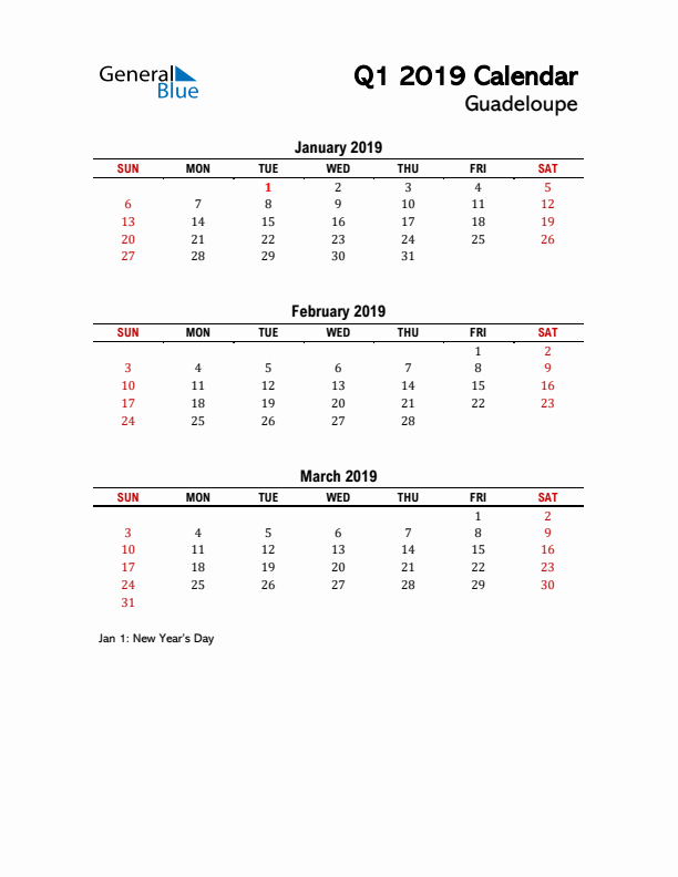 2019 Q1 Calendar with Holidays List for Guadeloupe