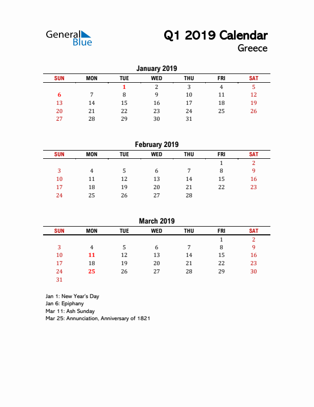 2019 Q1 Calendar with Holidays List for Greece