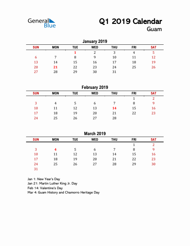 2019 Q1 Calendar with Holidays List for Guam