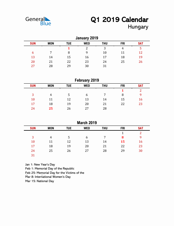 2019 Q1 Calendar with Holidays List for Hungary