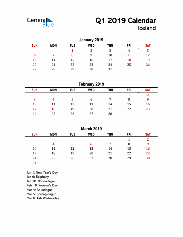 2019 Q1 Calendar with Holidays List for Iceland