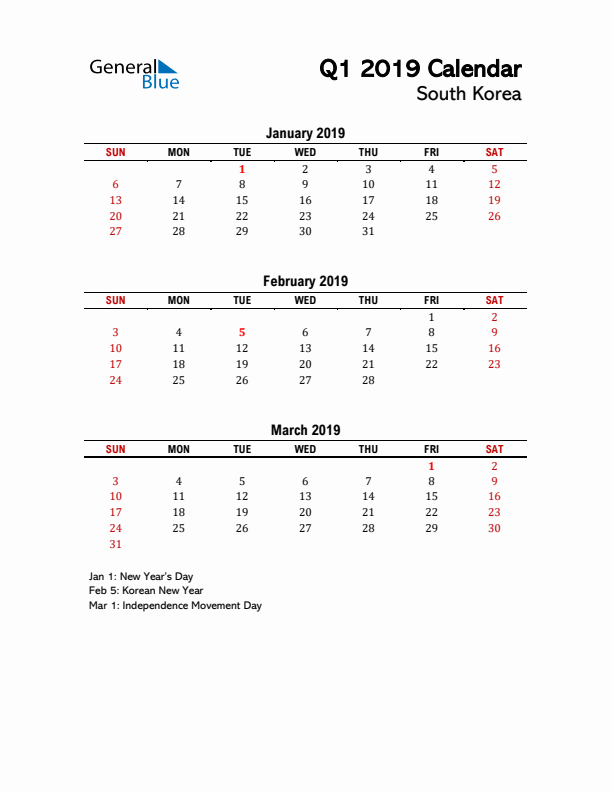 2019 Q1 Calendar with Holidays List for South Korea