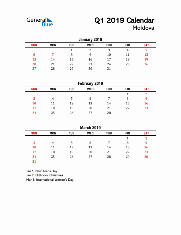 2019 Q1 Calendar with Holidays List for Moldova