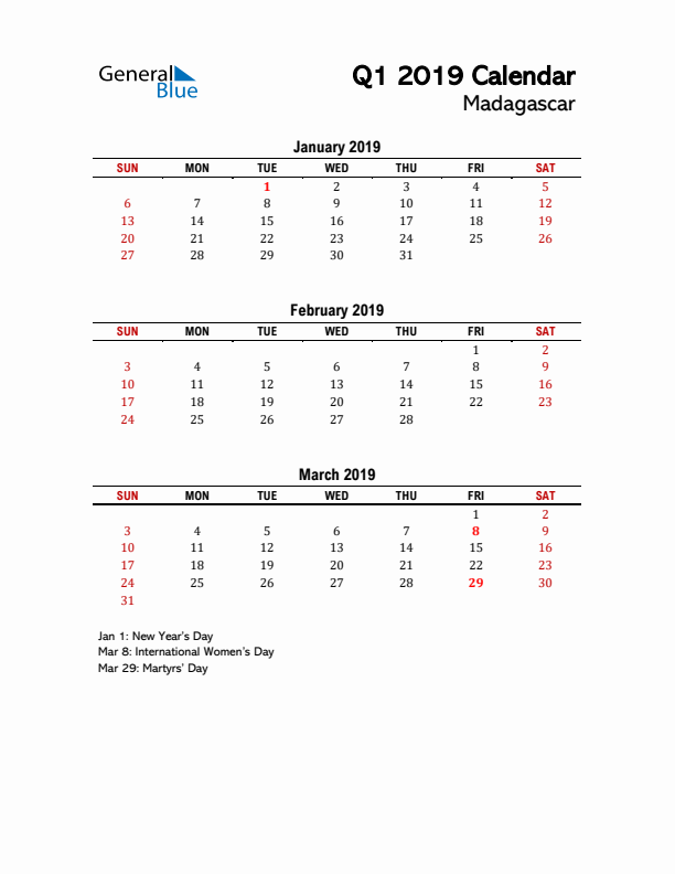 2019 Q1 Calendar with Holidays List for Madagascar