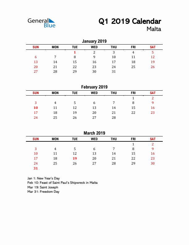 2019 Q1 Calendar with Holidays List for Malta