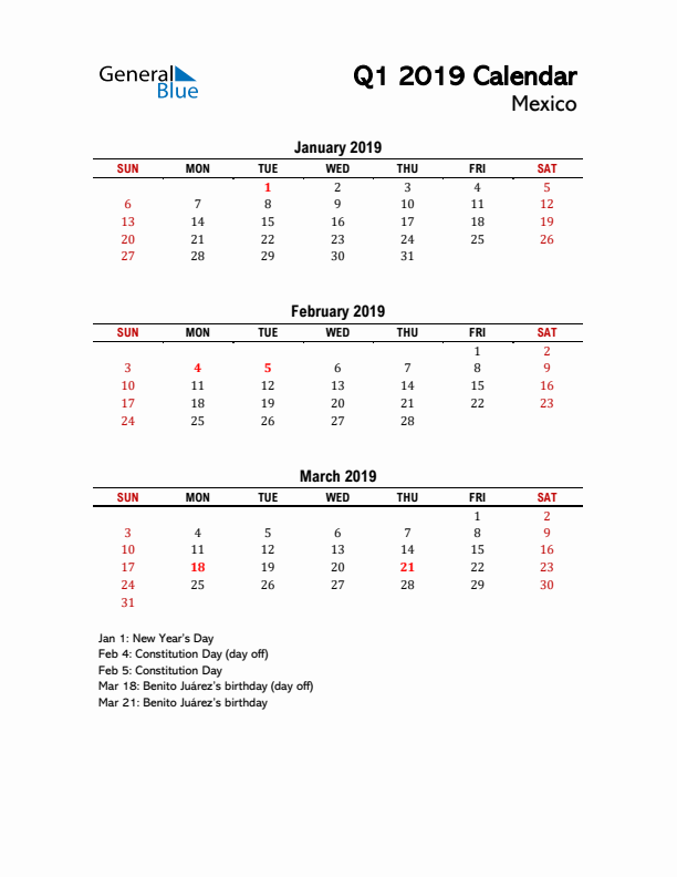 2019 Q1 Calendar with Holidays List for Mexico