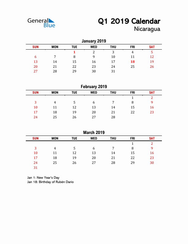 2019 Q1 Calendar with Holidays List for Nicaragua