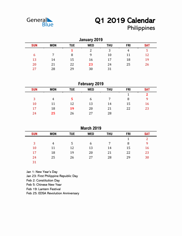 2019 Q1 Calendar with Holidays List for Philippines