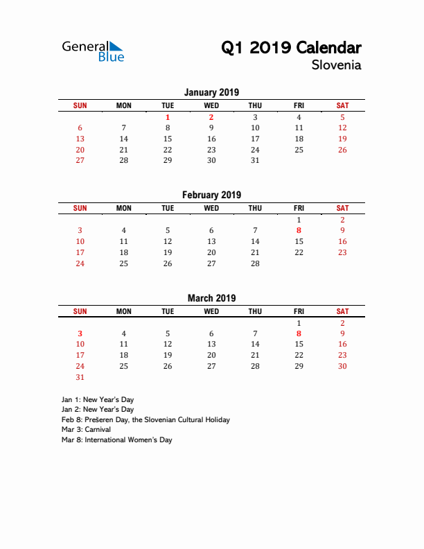 2019 Q1 Calendar with Holidays List for Slovenia