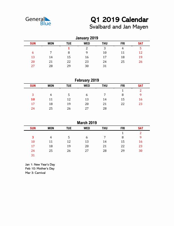 2019 Q1 Calendar with Holidays List for Svalbard and Jan Mayen