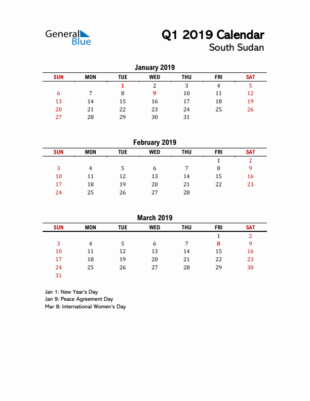 2019 Q1 Calendar with Holidays List for South Sudan