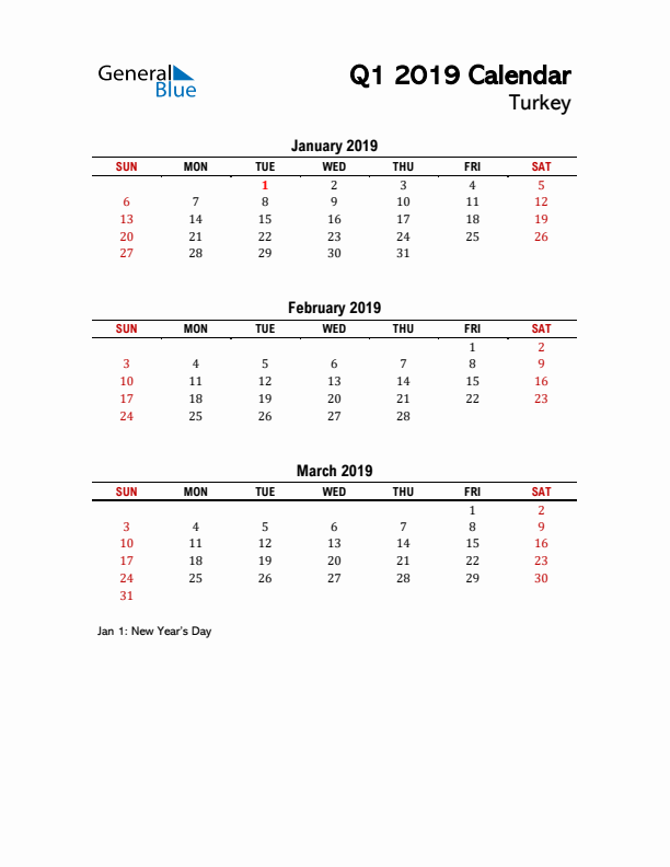 2019 Q1 Calendar with Holidays List for Turkey