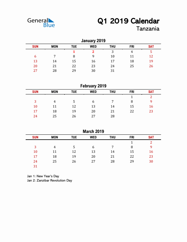 2019 Q1 Calendar with Holidays List for Tanzania