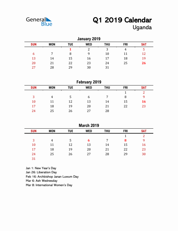 2019 Q1 Calendar with Holidays List for Uganda