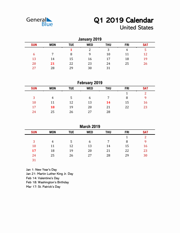 2019 Q1 Calendar with Holidays List for United States