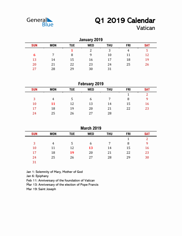 2019 Q1 Calendar with Holidays List for Vatican