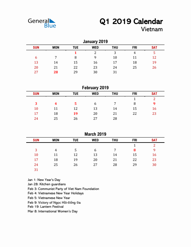 2019 Q1 Calendar with Holidays List for Vietnam