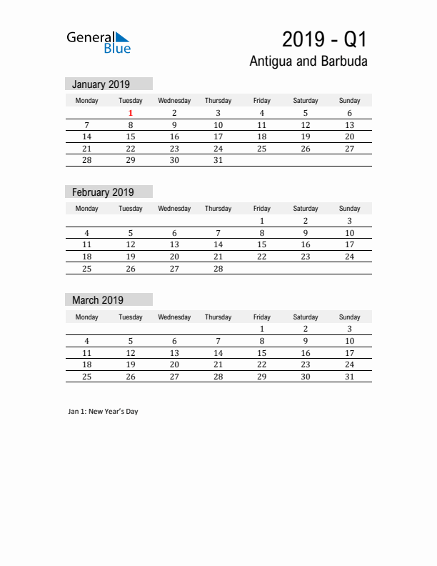 Antigua and Barbuda Quarter 1 2019 Calendar with Holidays