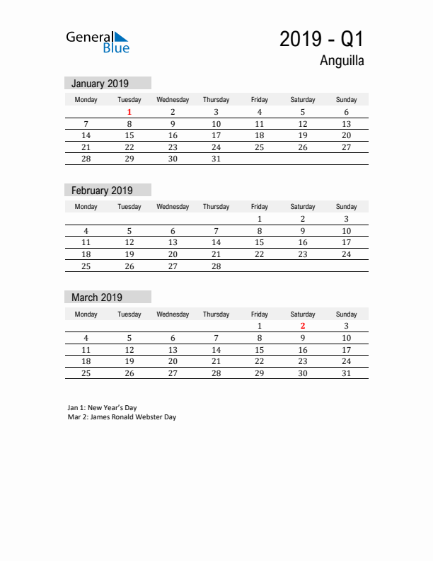 Anguilla Quarter 1 2019 Calendar with Holidays